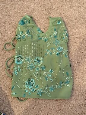 Peppermayo Light Green Sequin Floral V-Neck Tank Top
